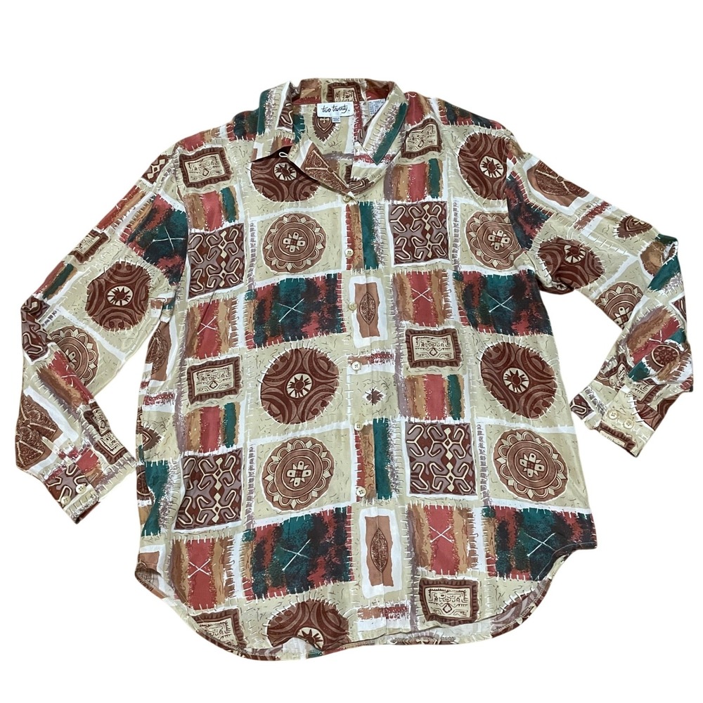 Two Twenty Women's M Vintage 80s 90s 100% Silk Patchwork Button Down Shirt Brown